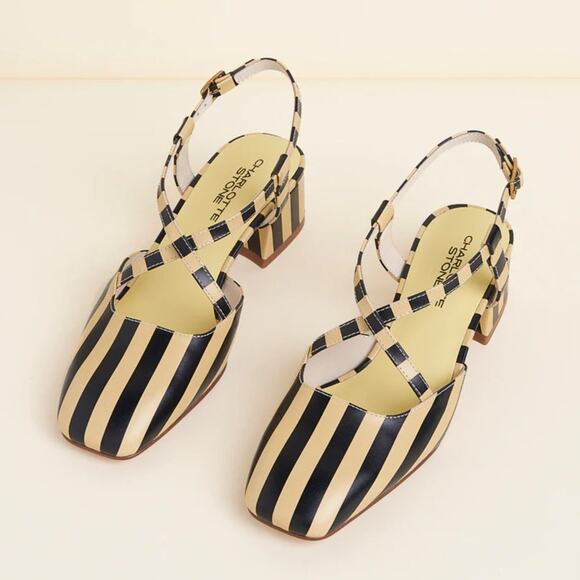 CHARLOTTE STONE Vera Black Oat Stripe Low Heel Cream Black Sz 9 NWOB $238 - Picture 2 of 5